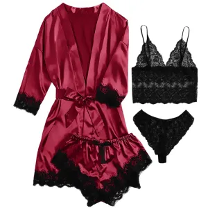 Sexy Silk Satin Pajamas for Women, Sets of 4 Pcs with Floral Lace Top Shorts and Robe