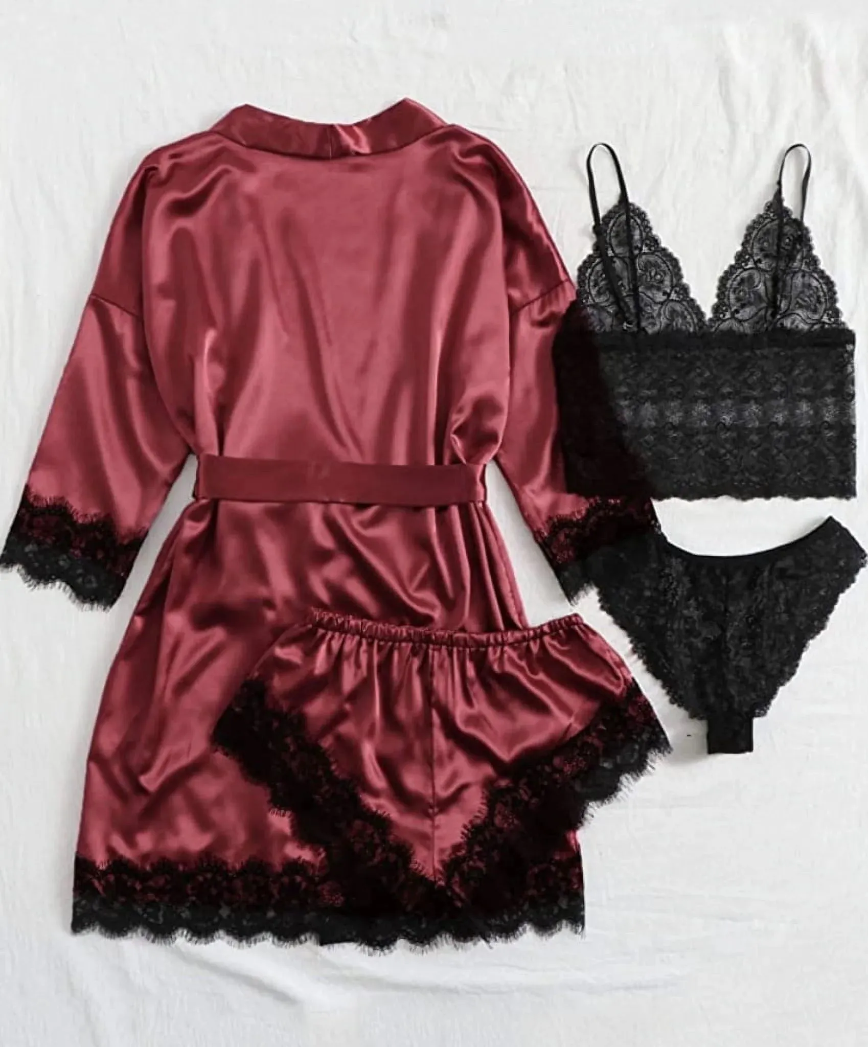 Sexy Silk Satin Pajamas for Women, Sets of 4 Pcs with Floral Lace Top Shorts and Robe