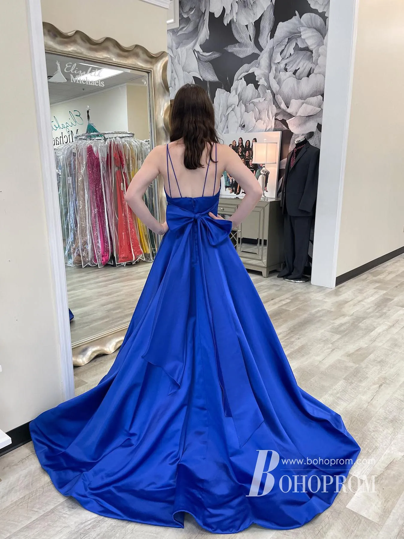 Simple Spaghetti Straps Satin Prom Dresses A-line Prom Gowns With Bowknot PD701