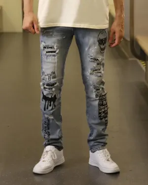 Skull Blue Graffiti  Ripped Jeans with Streetwear Edge