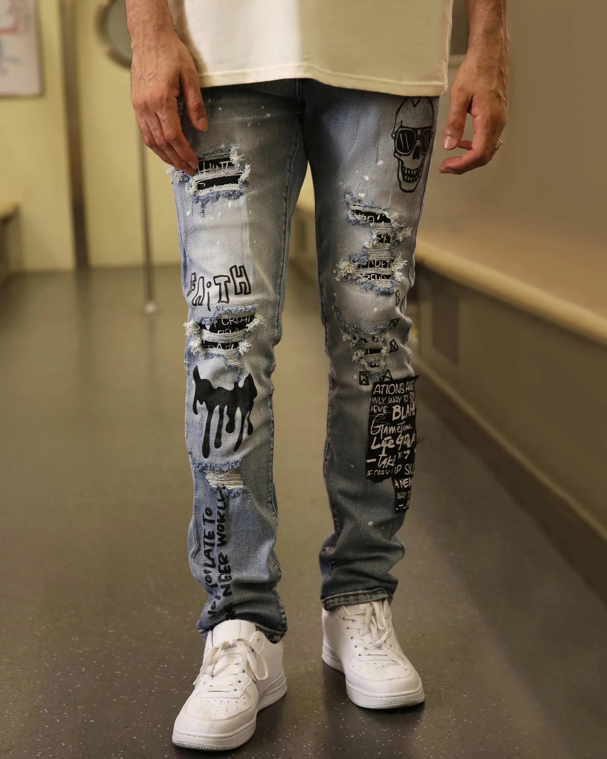 Skull Blue Graffiti  Ripped Jeans with Streetwear Edge