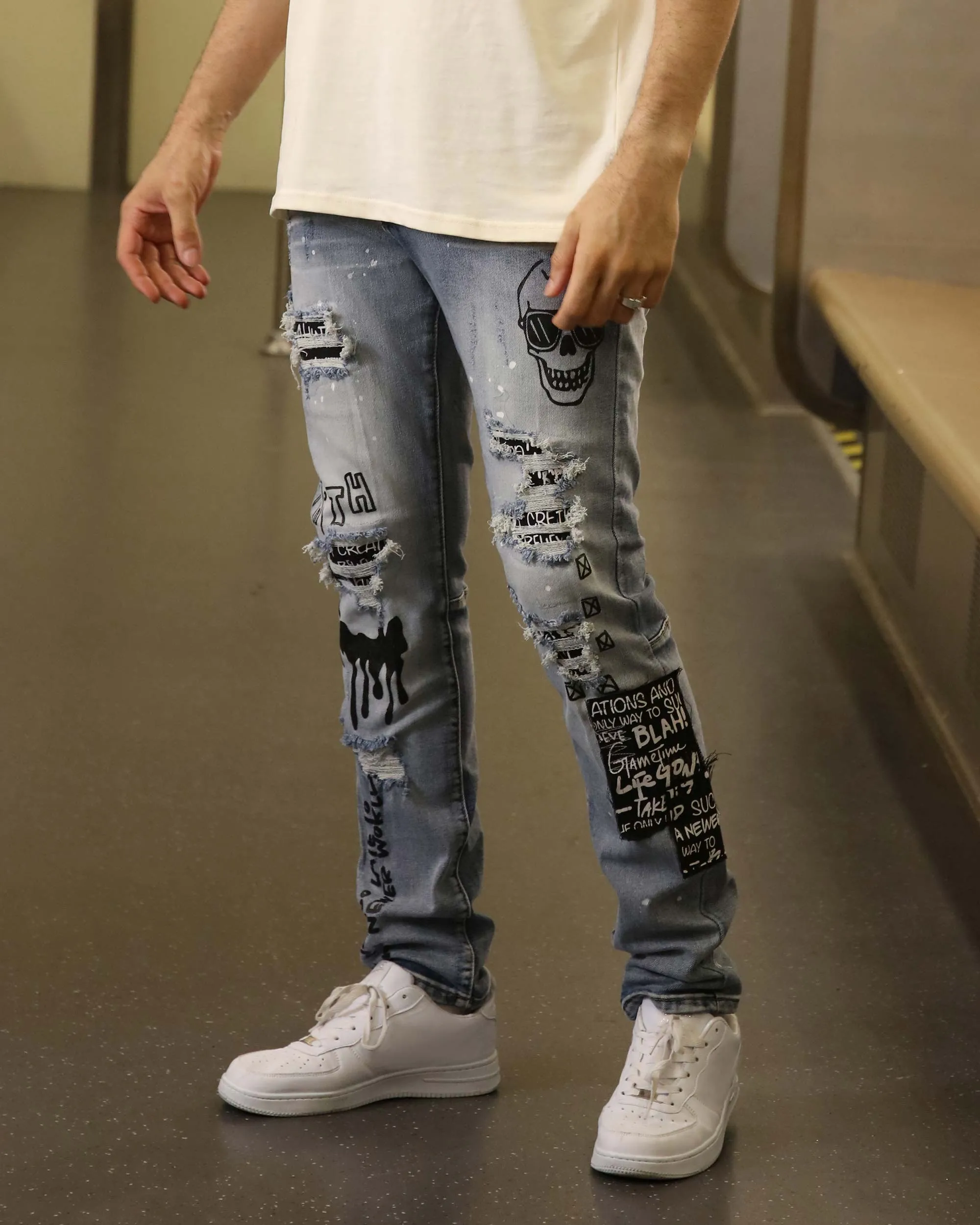 Skull Blue Graffiti  Ripped Jeans with Streetwear Edge