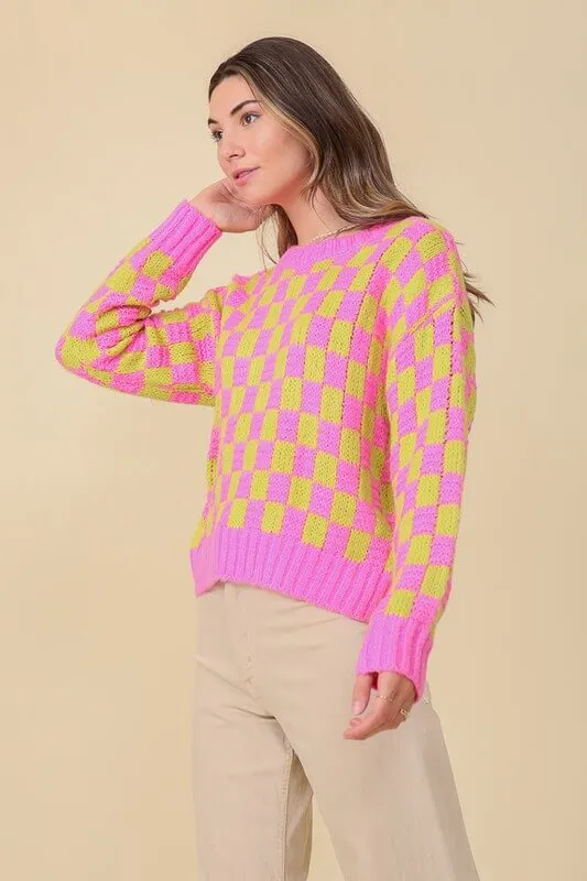 Super Cute Pink Long Sleeve Checkboard Pullover Sweater