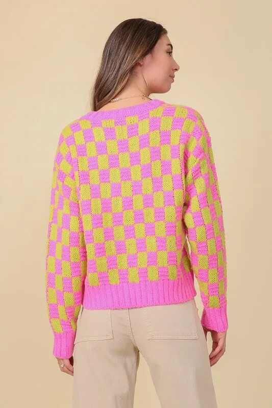 Super Cute Pink Long Sleeve Checkboard Pullover Sweater