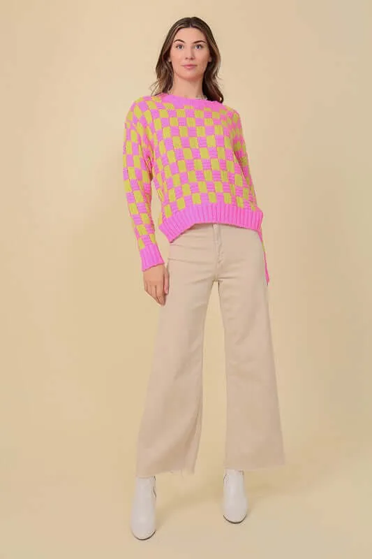 Super Cute Pink Long Sleeve Checkboard Pullover Sweater