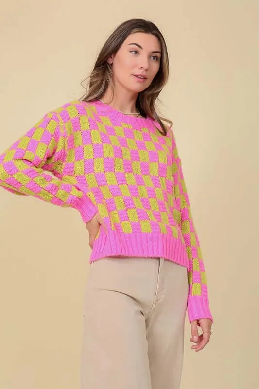 Super Cute Pink Long Sleeve Checkboard Pullover Sweater