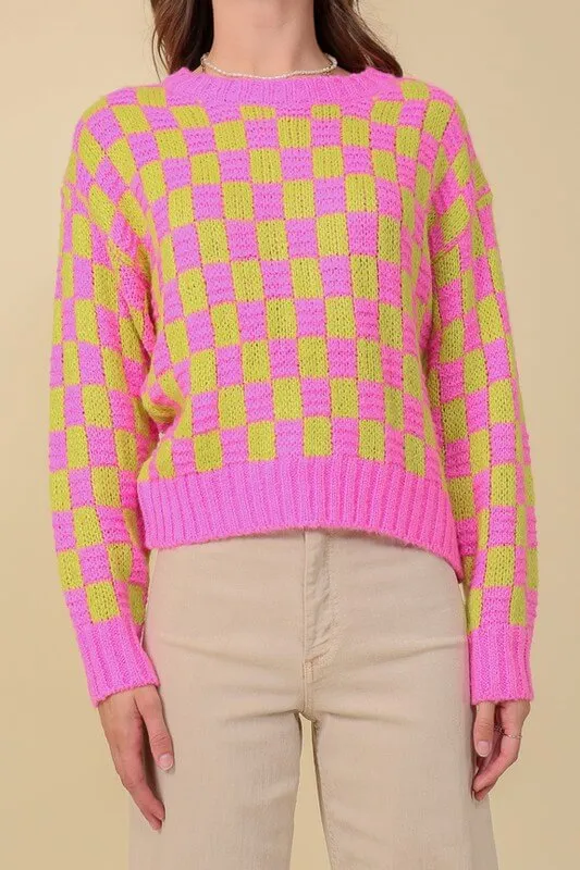 Super Cute Pink Long Sleeve Checkboard Pullover Sweater