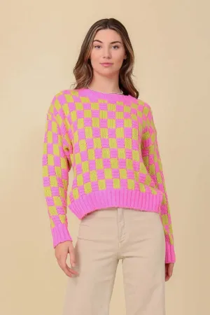 Super Cute Pink Long Sleeve Checkboard Pullover Sweater