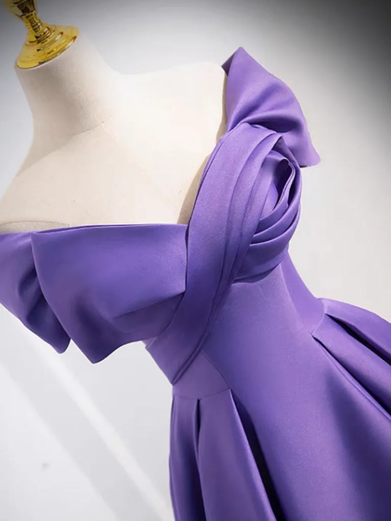 Twist-Front off Shoulder Satin Purple Ball Gown Prom Dress