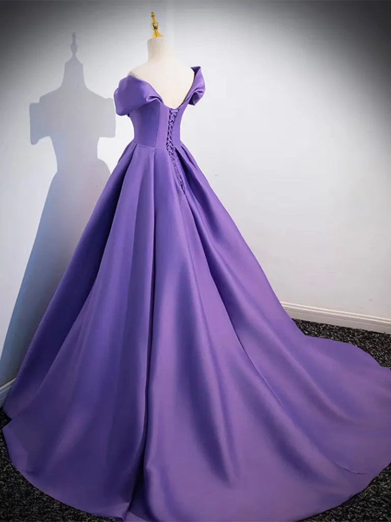 Twist-Front off Shoulder Satin Purple Ball Gown Prom Dress