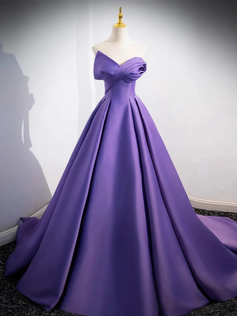 Twist-Front off Shoulder Satin Purple Ball Gown Prom Dress