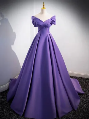 Twist-Front off Shoulder Satin Purple Ball Gown Prom Dress