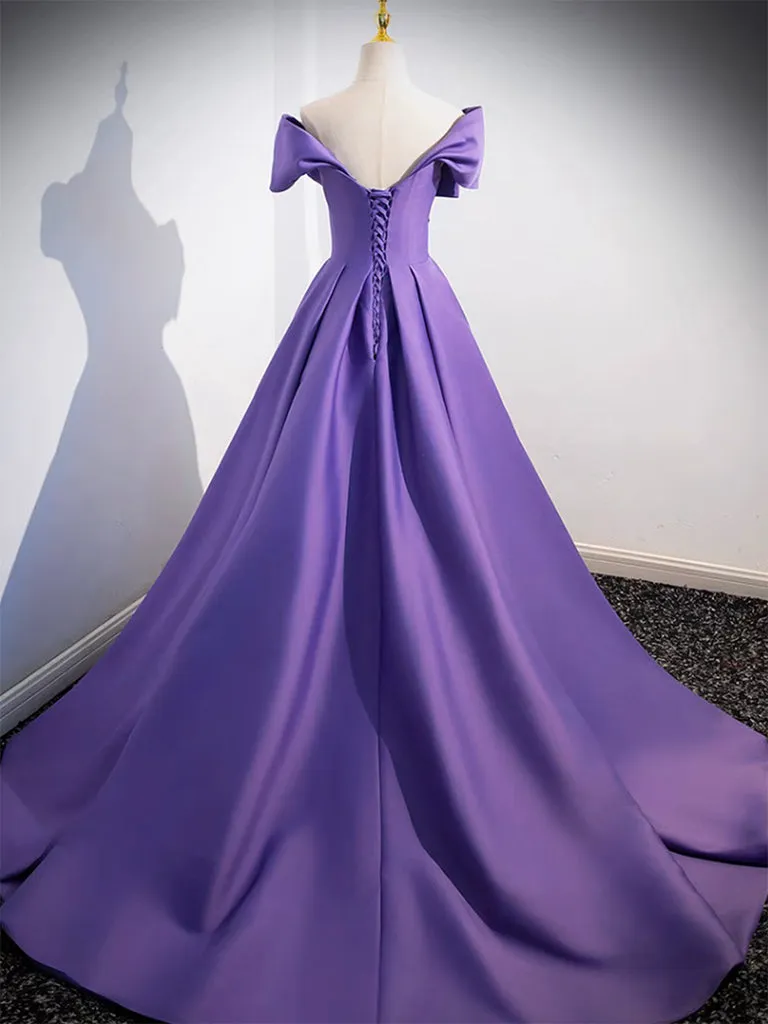 Twist-Front off Shoulder Satin Purple Ball Gown Prom Dress