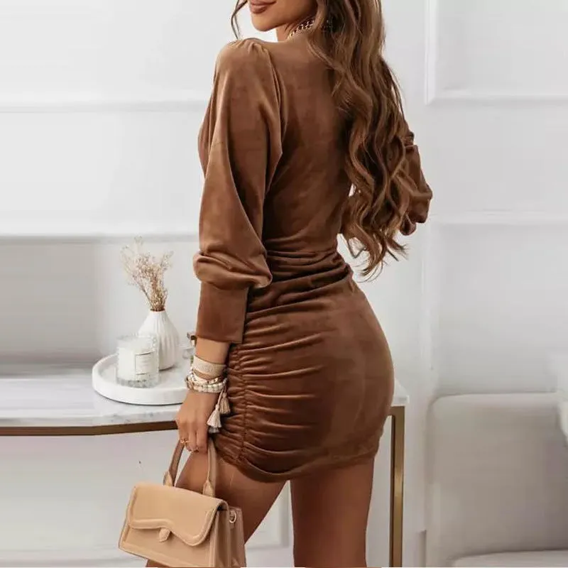 Velvet Long Sleeves Ruched Mini Dresses