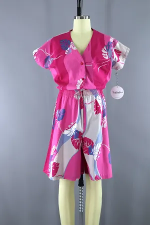 Vintage 1980s Hilo Hattie Pink Hawaiian Print Romper