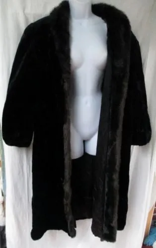 Vintage Womens STYLE VI LTD Faux MINK FUR Maxi long jacket coat parka BLACK M