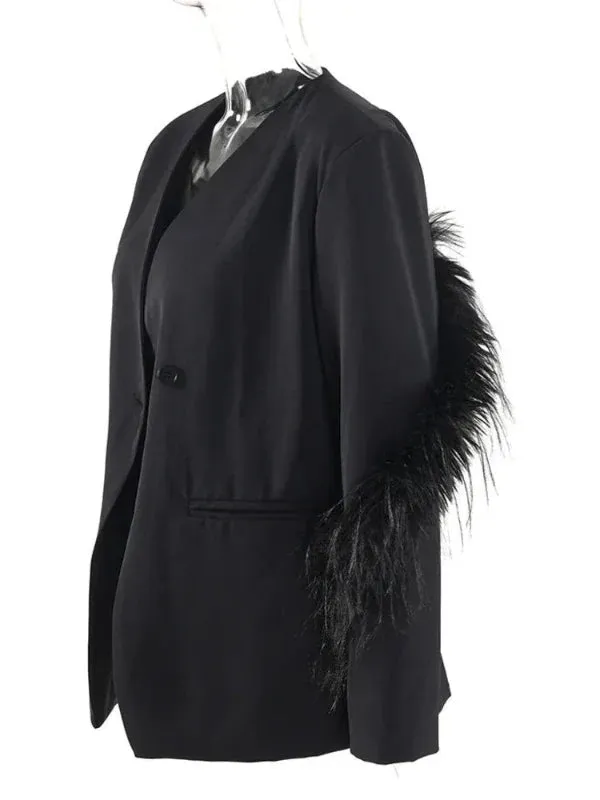 Wenkouban-Winter outfits Christmas V-neck Feather Sleeve Single Button Black Blazer