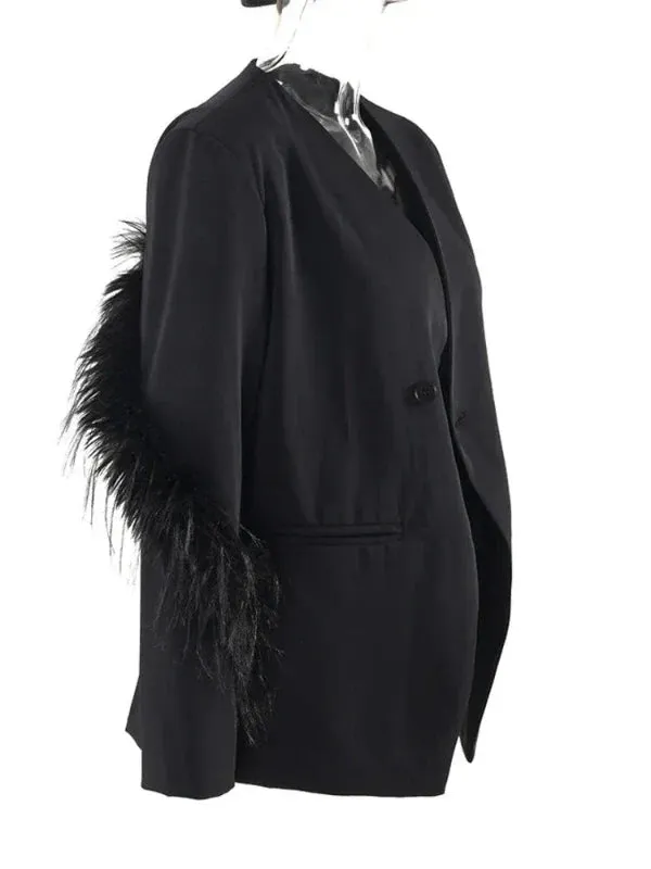 Wenkouban-Winter outfits Christmas V-neck Feather Sleeve Single Button Black Blazer