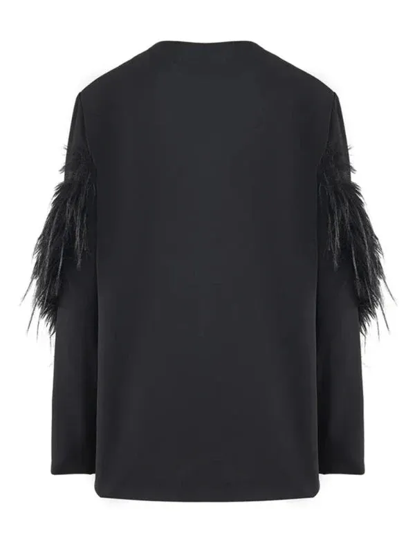 Wenkouban-Winter outfits Christmas V-neck Feather Sleeve Single Button Black Blazer