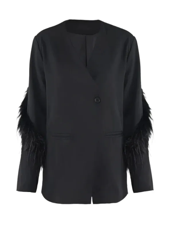 Wenkouban-Winter outfits Christmas V-neck Feather Sleeve Single Button Black Blazer