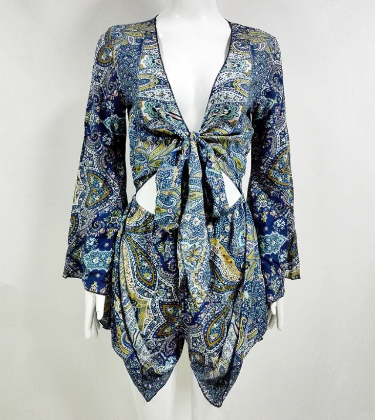 wind print jumpsuit shorts