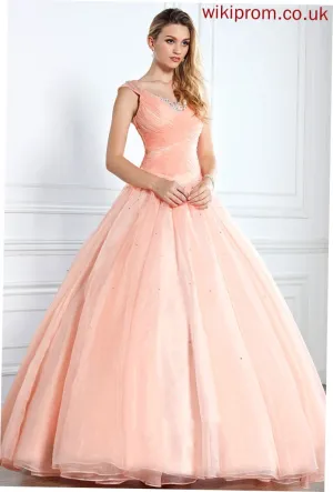 With V-neck Organza Ruffle Prom Dresses Ball-Gown/Princess Floor-Length Beading Hailee Satin Sequins
