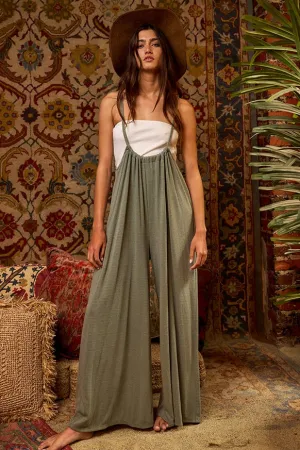 Women’s Bucketlist casual sage boho wide leg solid knit textured suspender pants