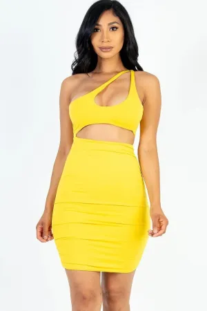 Yellow One Shoulder Cut-out Front Ruched Bodycon Mini Dress
