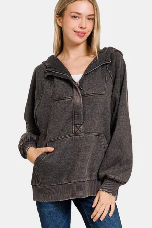 Zenana Hoodie Acid Wash Ash Black Fleece Kangaroo Pocketed