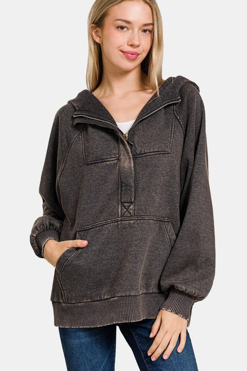 Zenana Hoodie Acid Wash Ash Black Fleece Kangaroo Pocketed